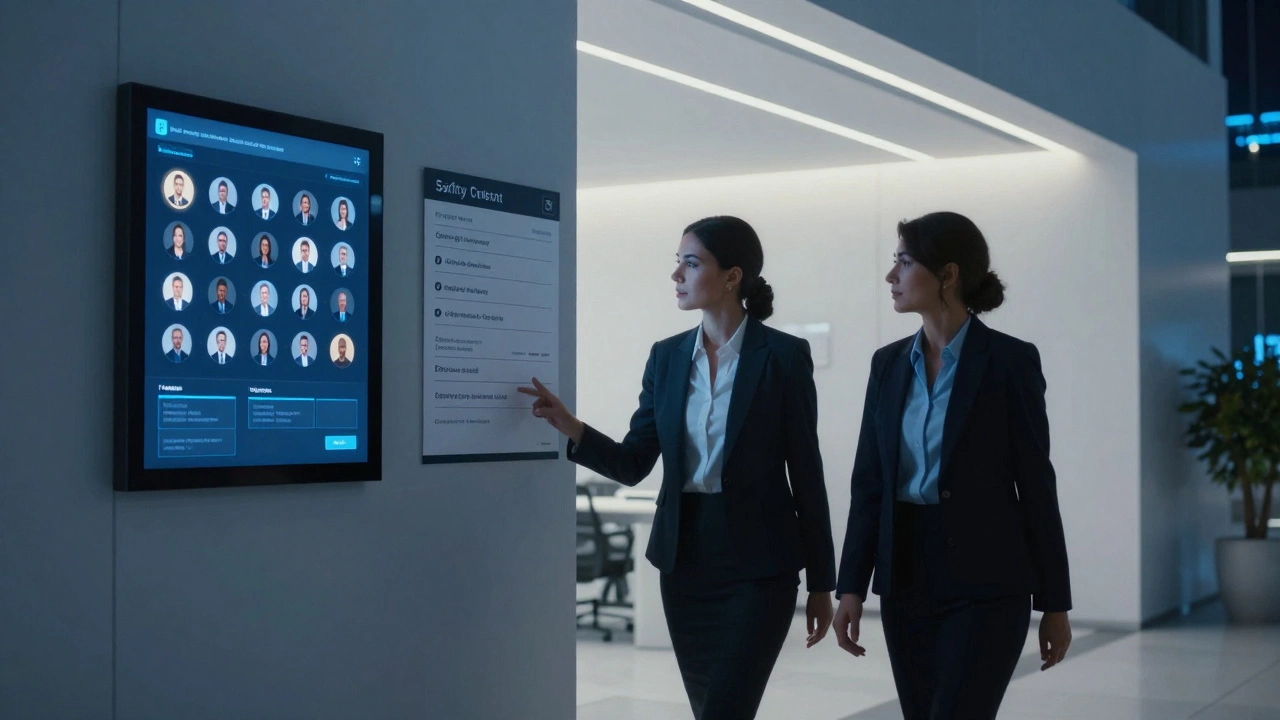 A discreet agency office in Dubai displays encrypted client profiles and safety protocols under soft blue lighting.