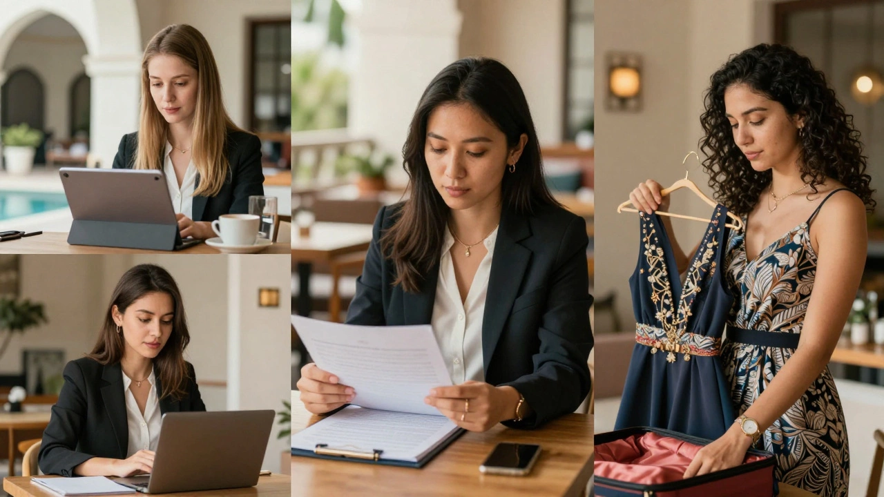 Three professional women from different countries study, plan, and prepare for their work as companions in Dubai.